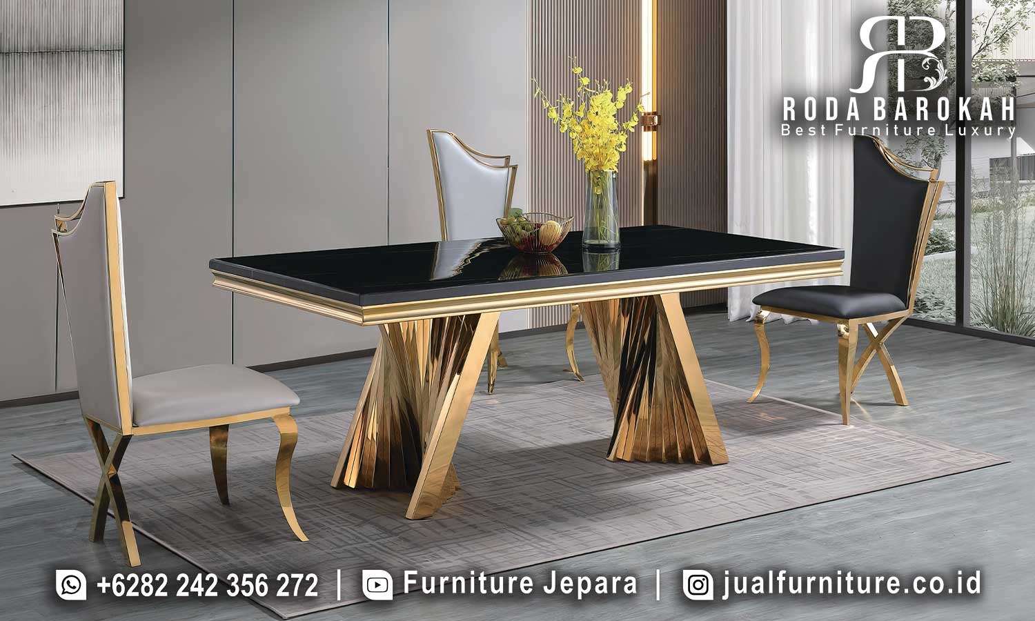 Set Meja Makan Mewah Modern Amalfi Handmade Jepara FS1147 hadir dengan meja marmer dan kursi berlapis kulit sintetis, sempurna untuk gaya minimalis modern Anda.