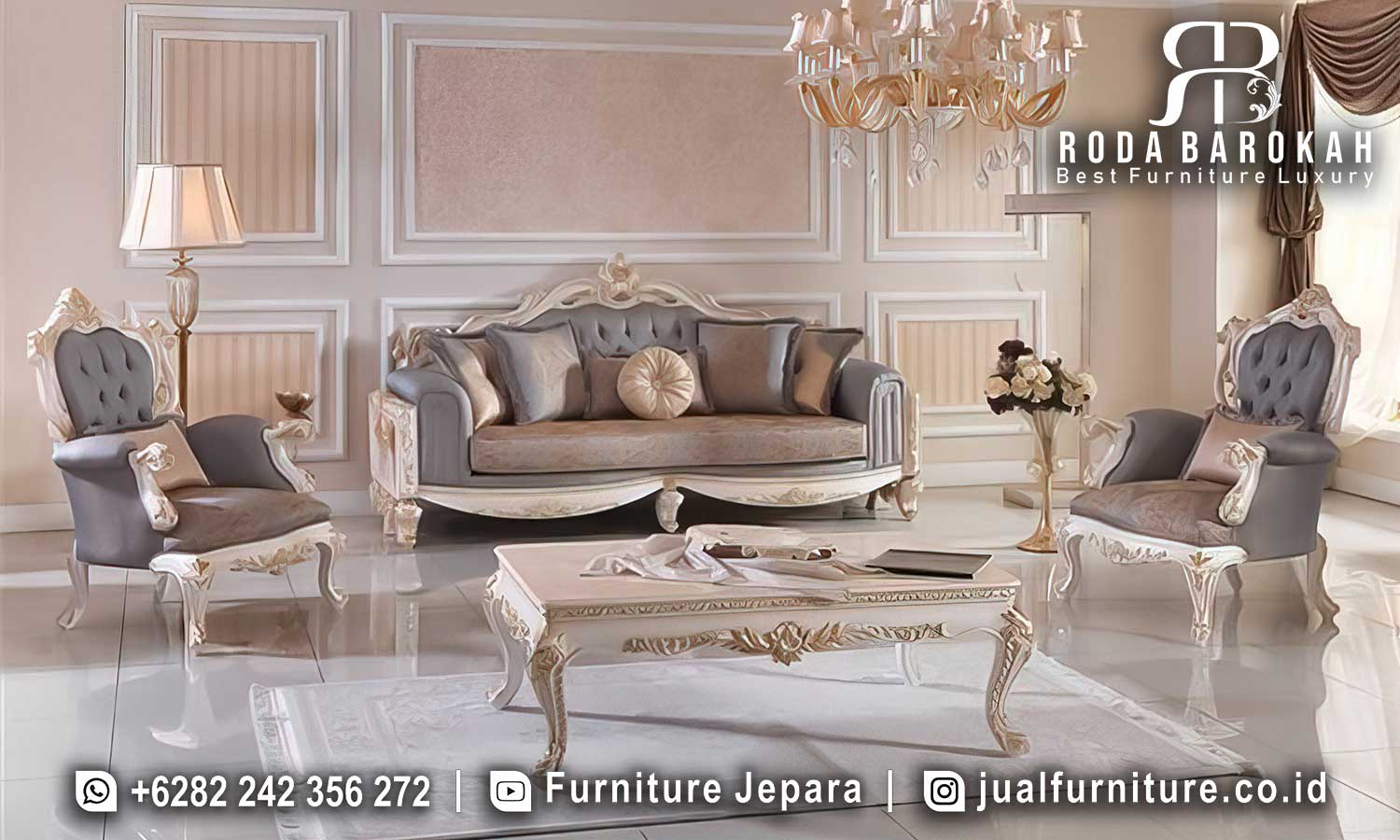 Set Sofa Mewah Ukir Klasik menawarkan keanggunan klasik dengan rangka kayu jati dan finishing duco, sempurna untuk dekorasi elegan di rumah Anda.