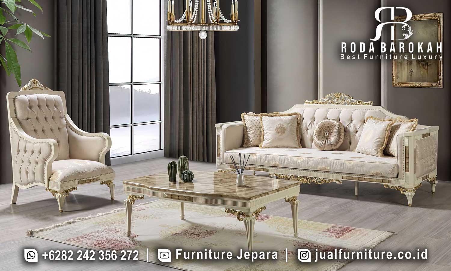 Set Sofa Tamu Klasik Mewah Granada Nyaman Digunakan FS1161 terbuat dari kayu jati dengan finishing lacquer dan ornamen ukiran yang elegan