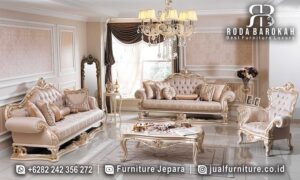 Set Sofa Tamu Mewah Klasik Granada Workshop Jepara FS1259 hadir dengan kayu jati dan lukisan emas elegan, cocok untuk ruang tamu yang berkelas.