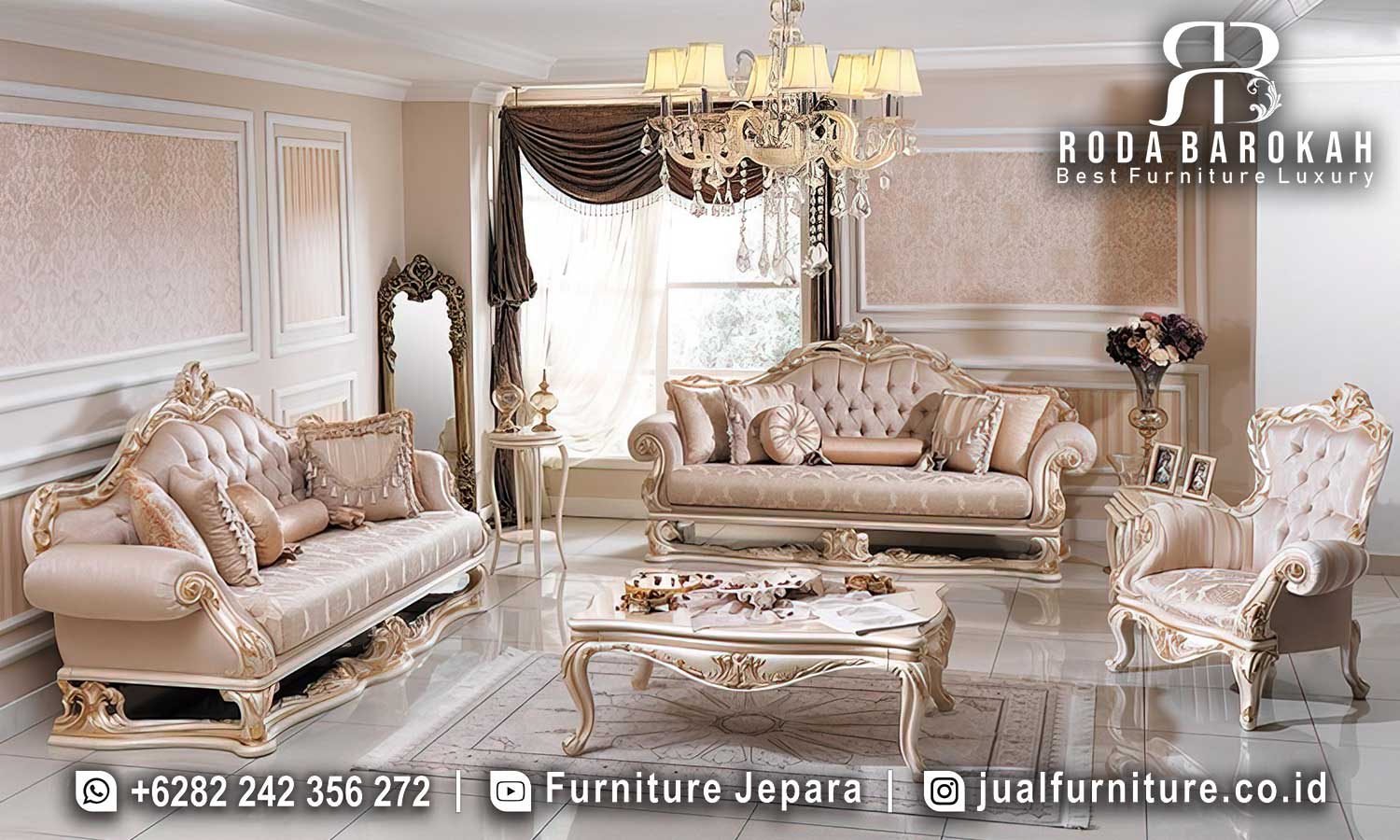 Set Sofa Tamu Mewah Klasik Granada Workshop Jepara FS1259 hadir dengan kayu jati dan lukisan emas elegan, cocok untuk ruang tamu yang berkelas.