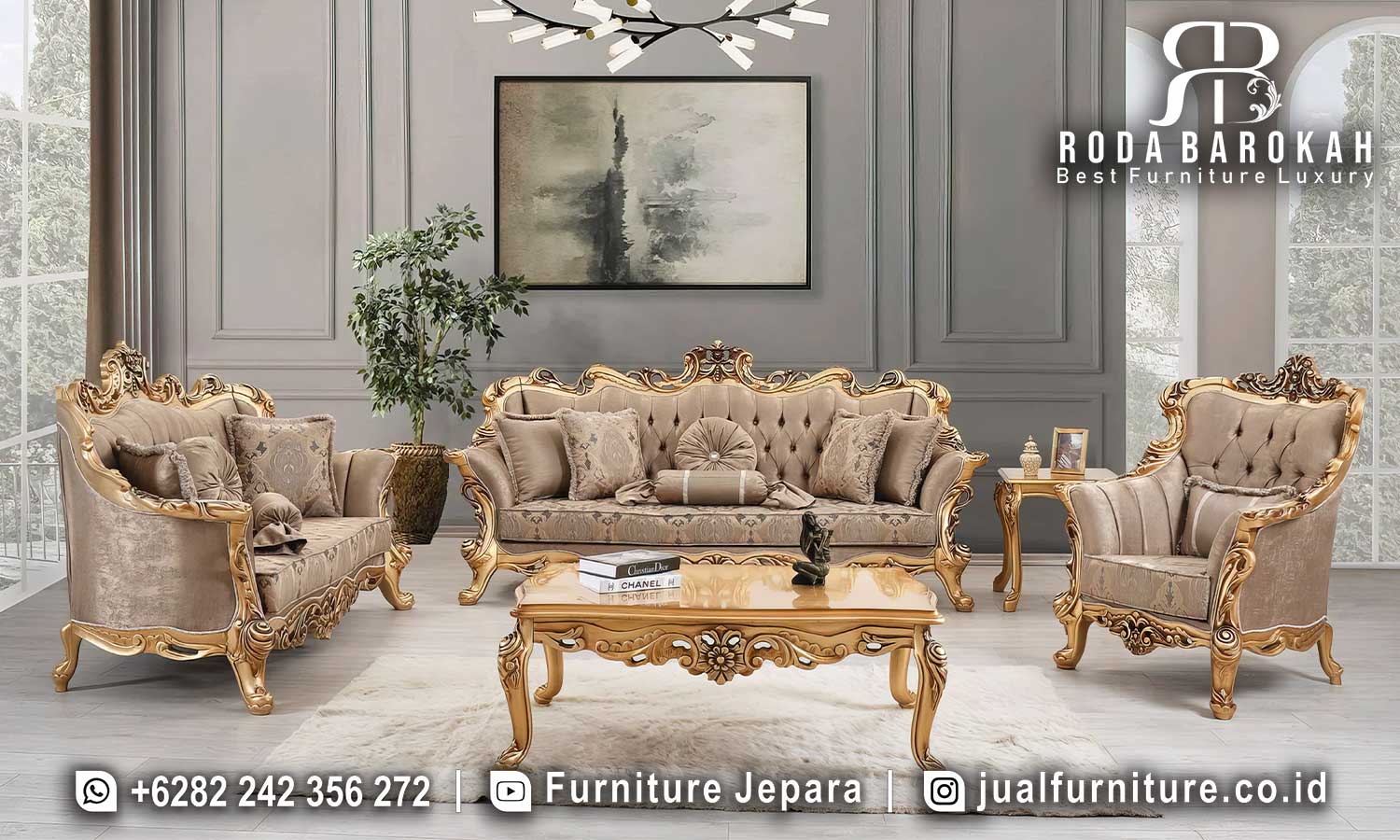 Set Sofa Tamu Mewah Klasik Versailles Desain Timeless FS1185 dengan material kayu jati, kain fabric, dan ornamen ukiran menambahkan nuansa elegan