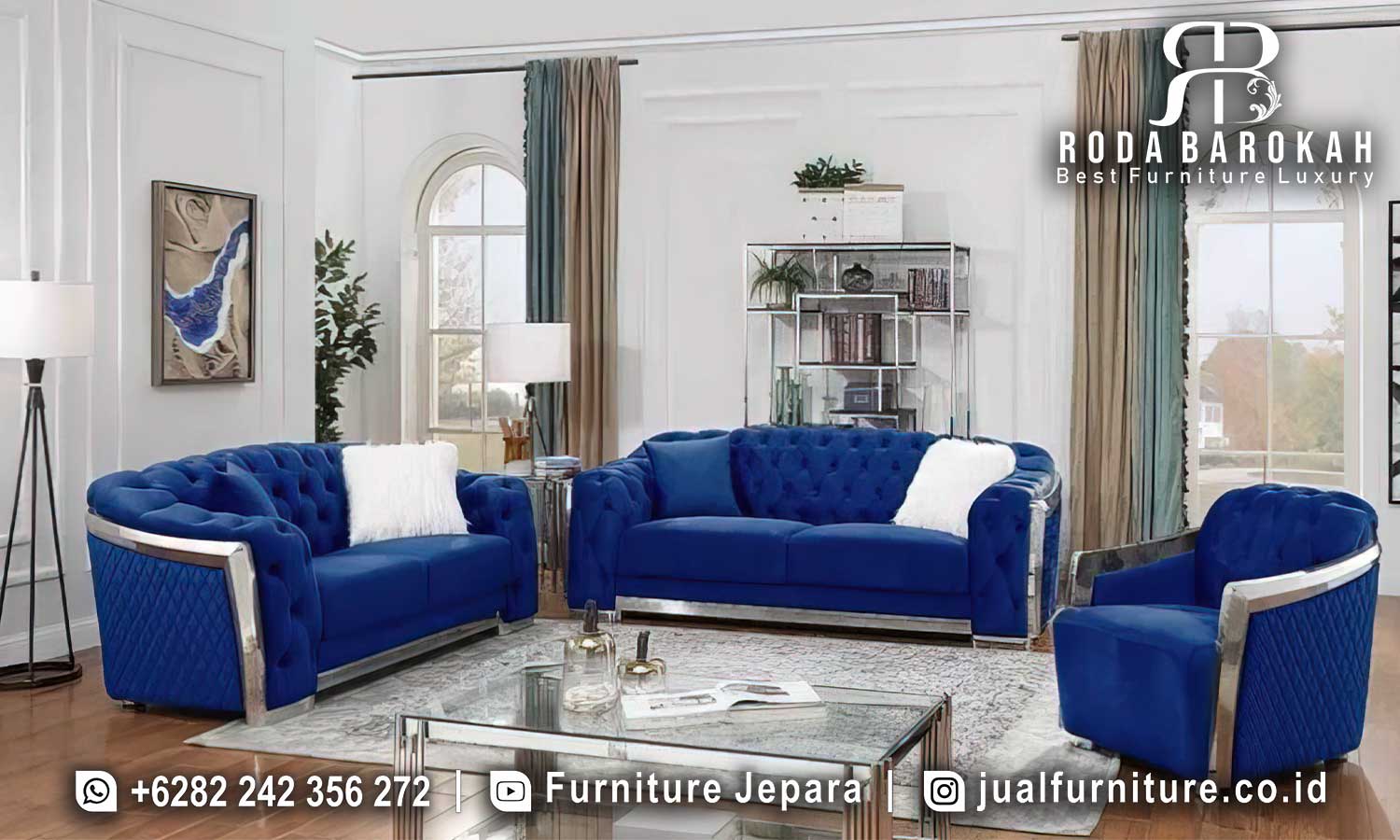 Set Sofa Tamu Minimalis Modern Venesia produk berkualitas FS1221 dengan rangka Stainless Steel dan kain pelapis Fabric, sempurna untuk ruang tamu