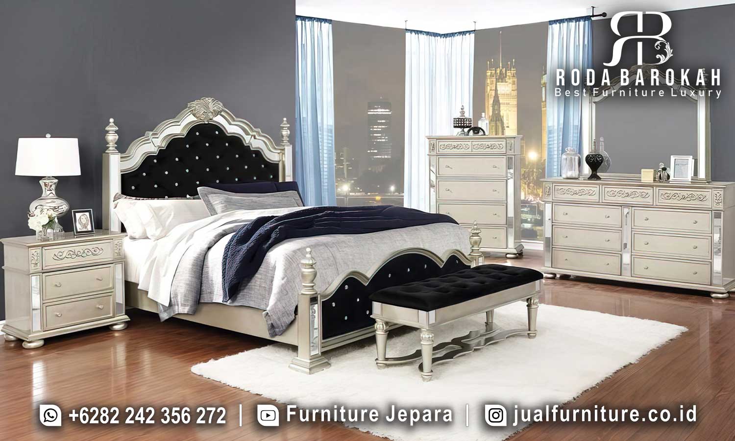 Set Tempat Tidur Mewah Klasik Lucca Bernuansa Antik FS1177 terbuat dari kayu jati dengan finishing silver lacquer dan tufted headboard, sempurna untuk menambah elegansi kamar Anda.