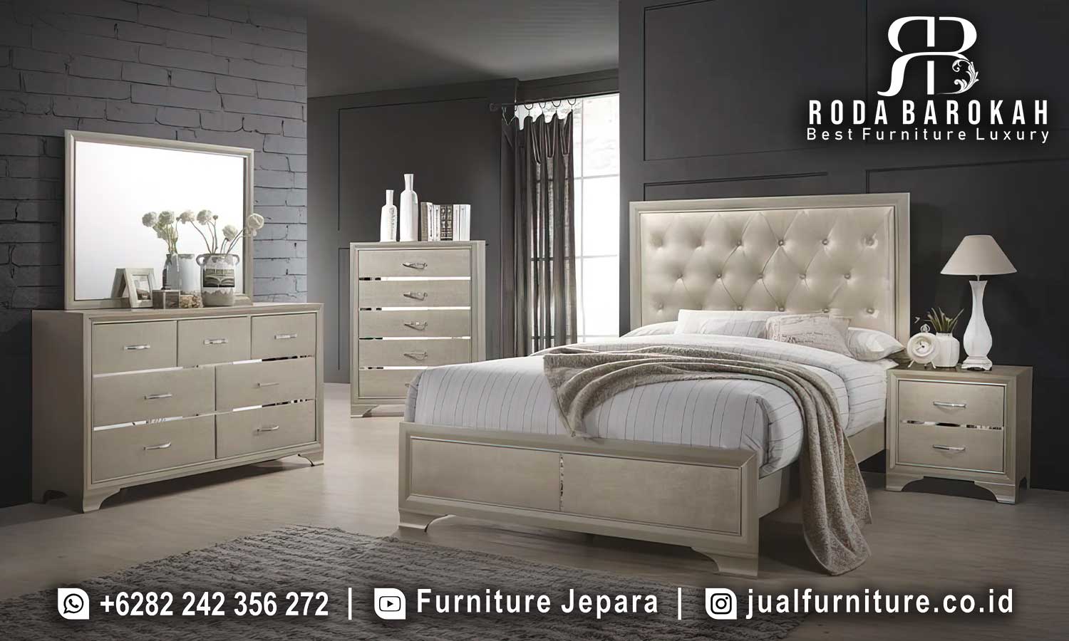 Set Tempat Tidur Mewah Modern Louis Bernuansa Klasik FS1189, terbuat dari kayu jati dengan finishing lacquer dan headboard tufted, hadirkan kemewahan elegan