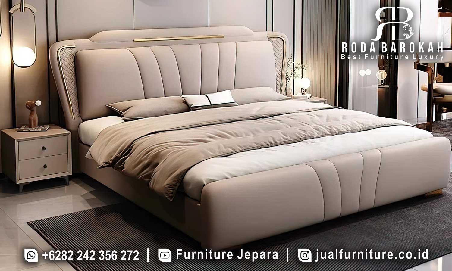 Set Tempat Tidur Mewah Modern Venesia Anti Rayap FS1216 hadir dengan rangka kayu jati berfinishing doff dan busa pengerasan, menawarkan elegan