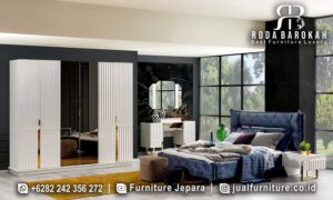 Set Tempat Tidur Minimalis Modern Portofino Rangka Kokoh FS1275 terbuat dari kayu jati dengan finishing doff, menghadirkan elegan dan fungsi optimal dalam ruang tidur Anda.