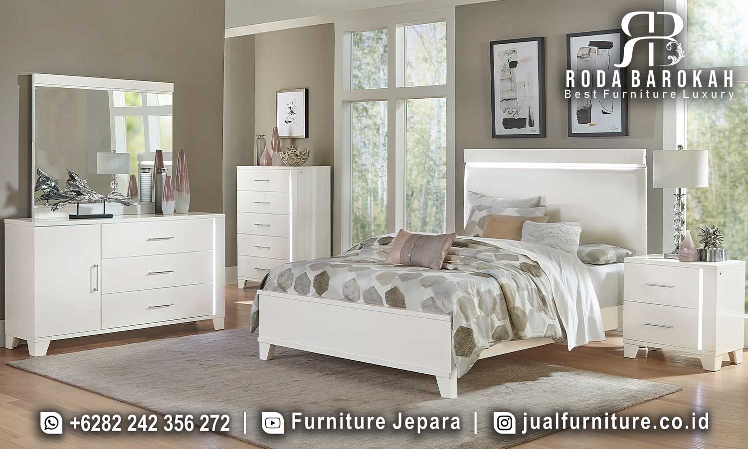Set Tempat Tidur Modern Mewah Palermo Tampilan Antik FS1214, terbuat dari kayu jati dengan finishing doff dan busa density, sempurna untuk dekorasi kamar tidur elegan dan minimalis.