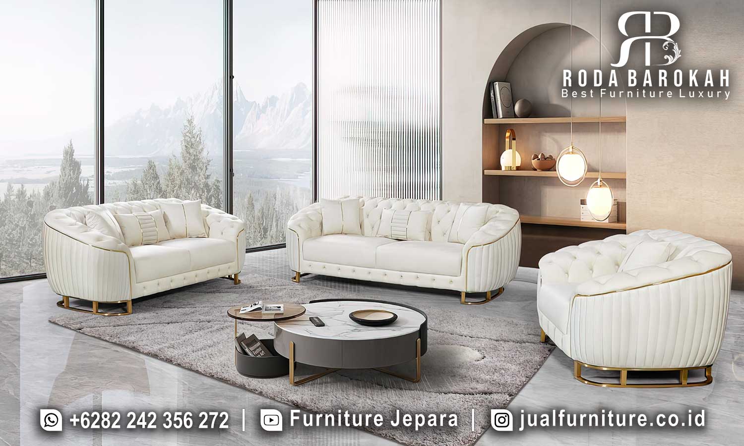 Sofa Model Terbaru Minimalis Modern Sevilla Bernuansa Antik FS1224 hadir dengan rangka kayu jati dan lapisan Oscar berkualitas, sempurna untuk ruang tamu elegan Anda.