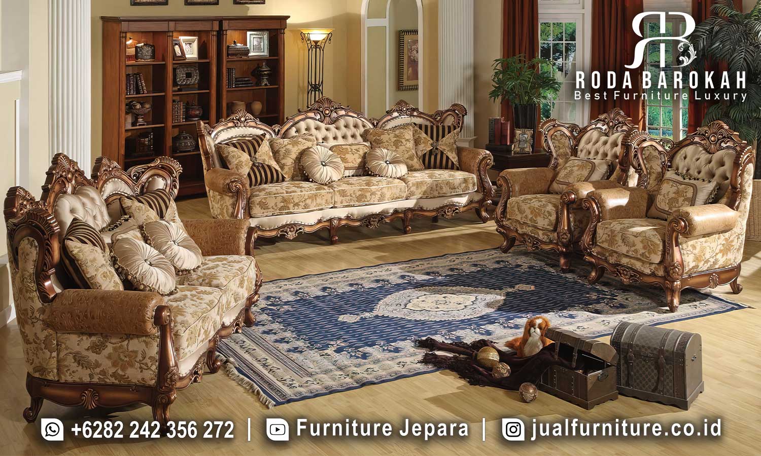 Sofa Tamu Mewah Jati Klasik Capri Desain Berkarakter FS1198 menawarkan keanggunan klasik Eropa dengan rangka kayu jati dan finishing gold yang memukau.