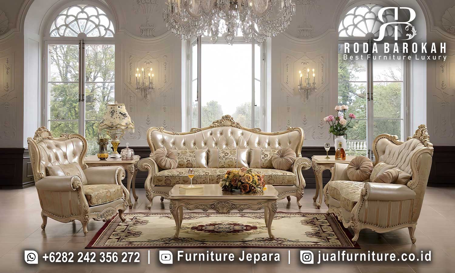 Sofa Tamu Mewah Modern Imperiale Sentuhan Elegan FS1197, terbuat dari kayu jati dengan finishing gold dan kain bludru, sempurna untuk ruang tamu bergaya klasik modern.