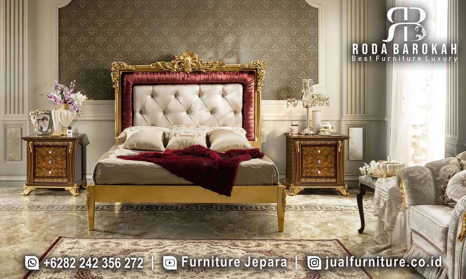 Tempat Tidur Jati Mewah Positano Desain Timeless FS118 hadir dengan rangka kayu jati dan finishing lacquer emas yang memancarkan kemewahan klasik.
