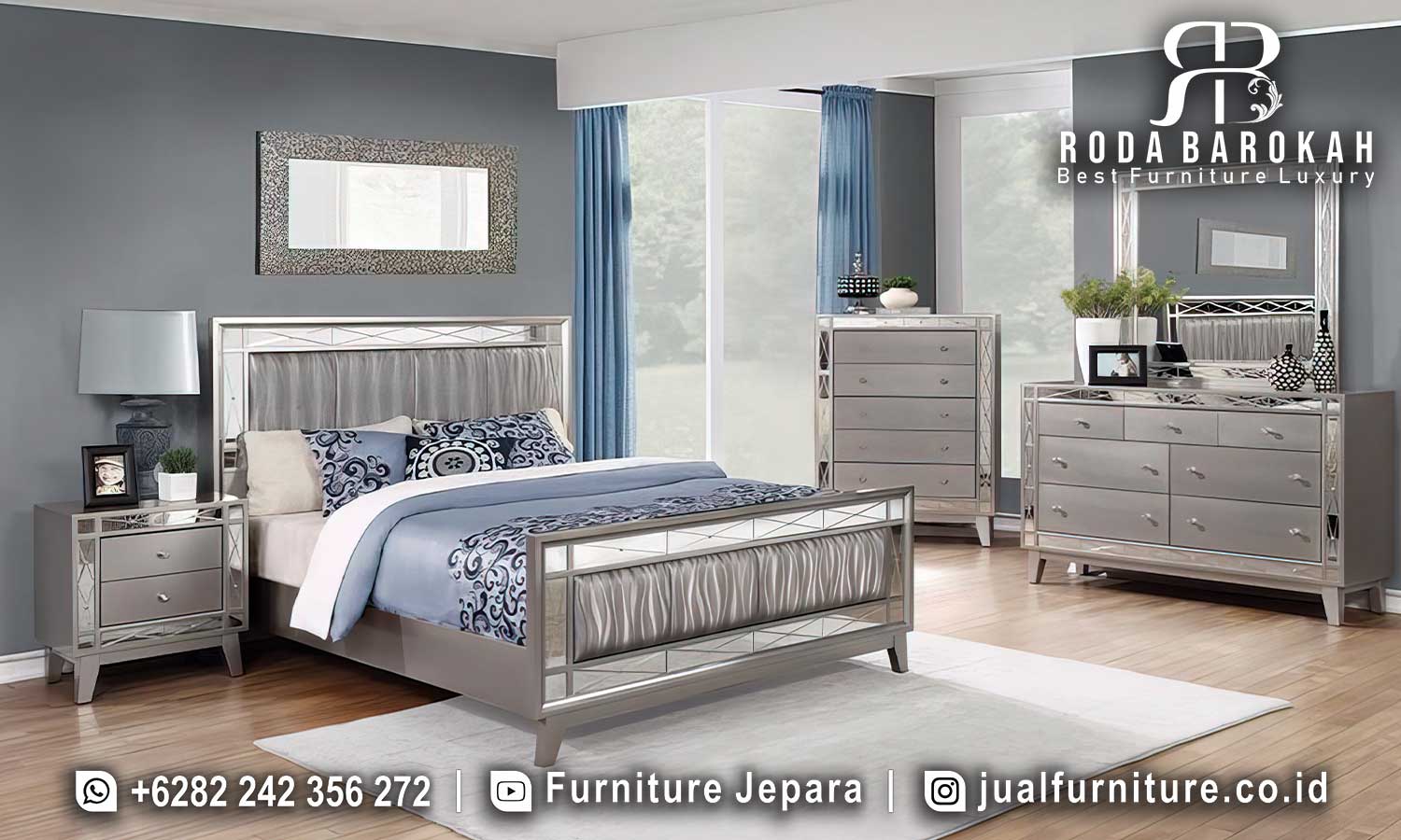 Tempat Tidur Jepara Mewah Modern Venesia Mudah Dirawat FS1178, terbuat dari stainless steel dengan finishing chrome dan lampu dekoratif bergaya elegan.