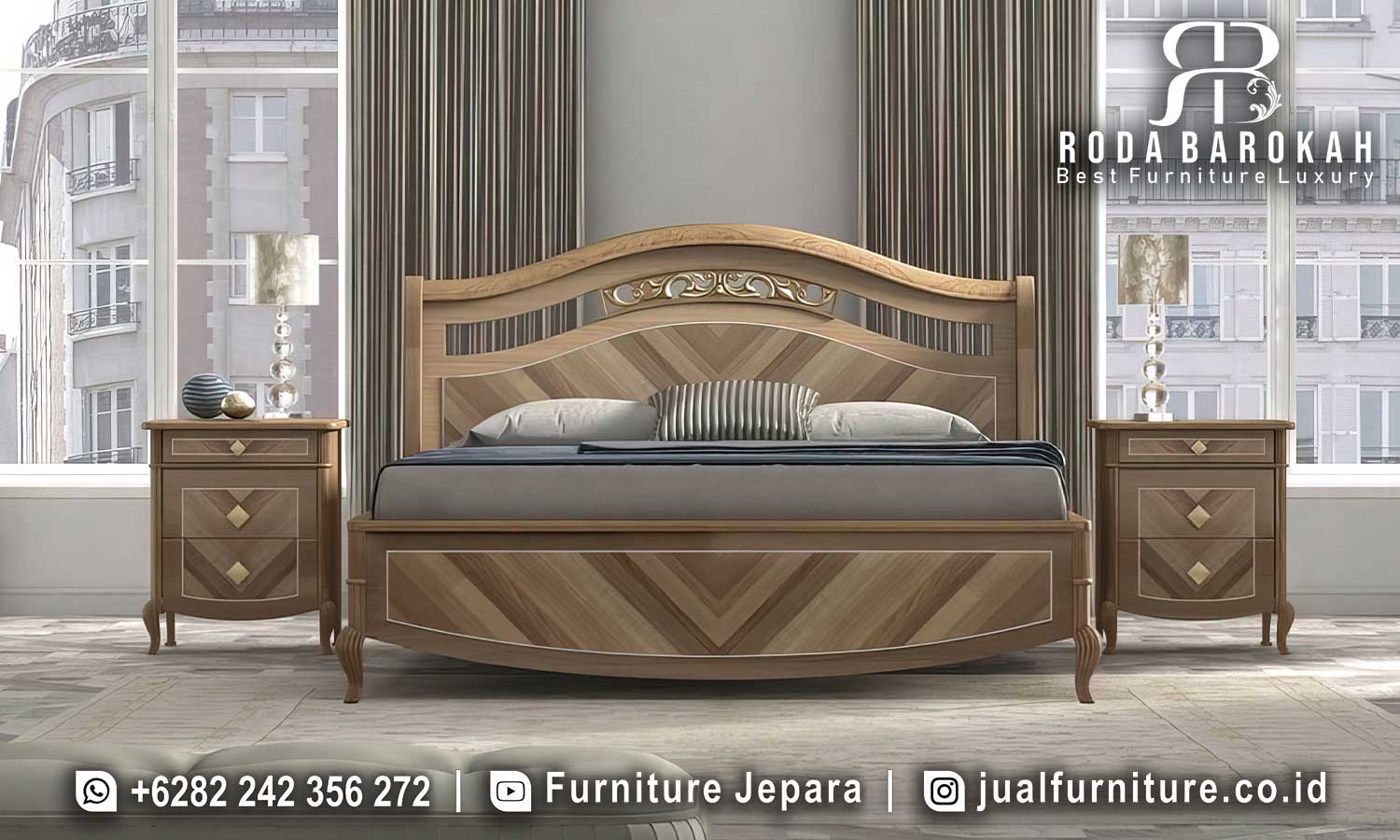 Tempat Tidur Mewah Jati Napoleon Kualitas Pengerjaan FS1129 hadir dengan rangka kayu jati dan finishing duco, menawarkan nuansa elegan dan motif ukiran yang unik.