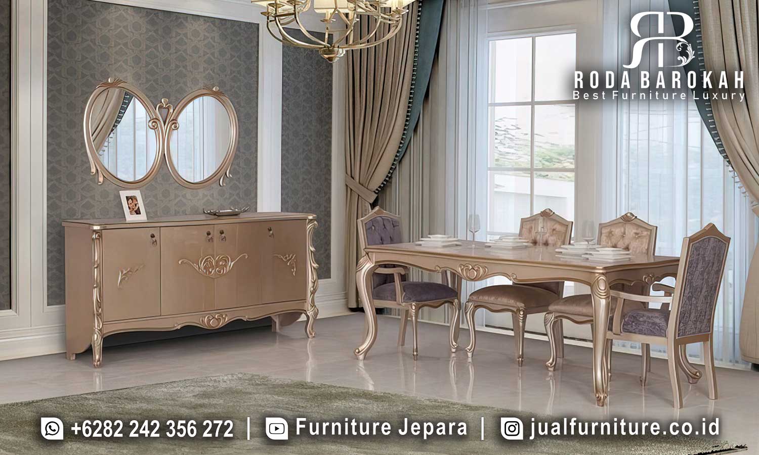 Meja Makan Jati Gold Mewah Villa Nyaman Digunakan FS1326