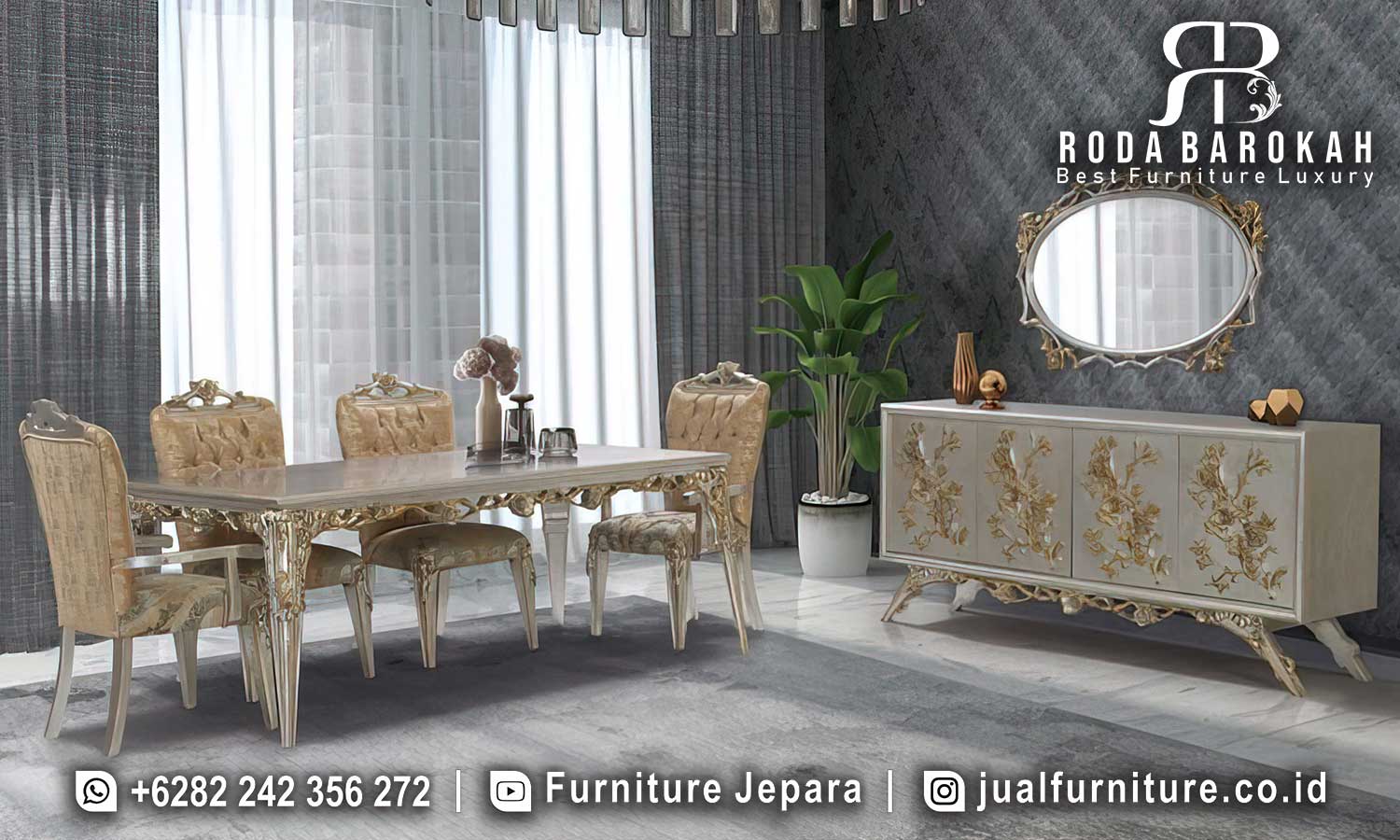 Meja Makan Mewah Nuansa Emas Castello Pahatan Halus FS1325