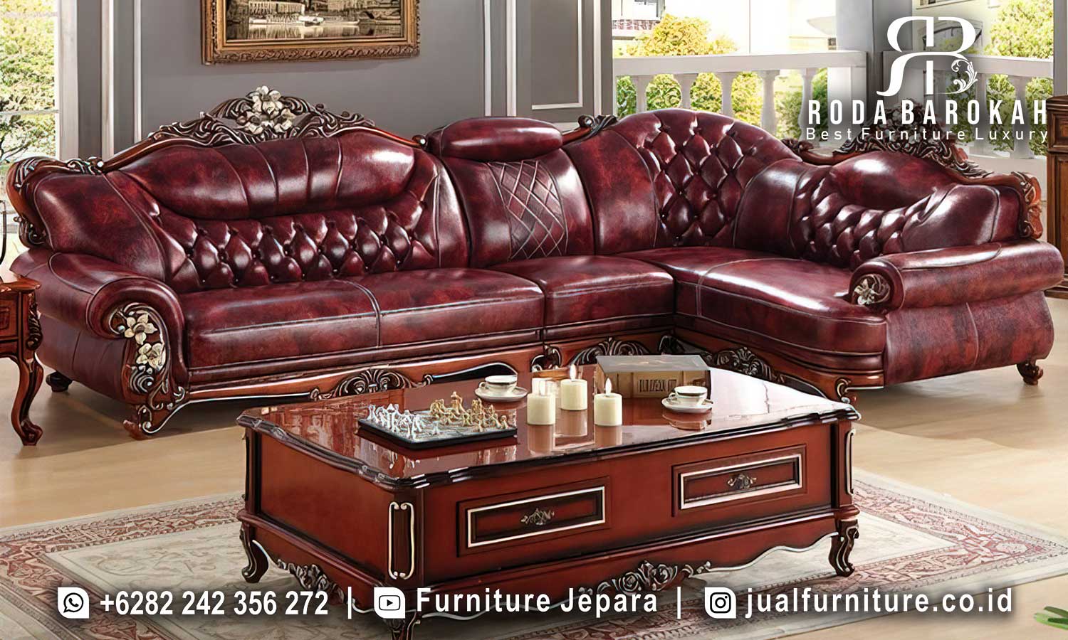 Sofa L Chesterfield Mewah Ruang Tamu Terbaru Kulit Klasik FS1449