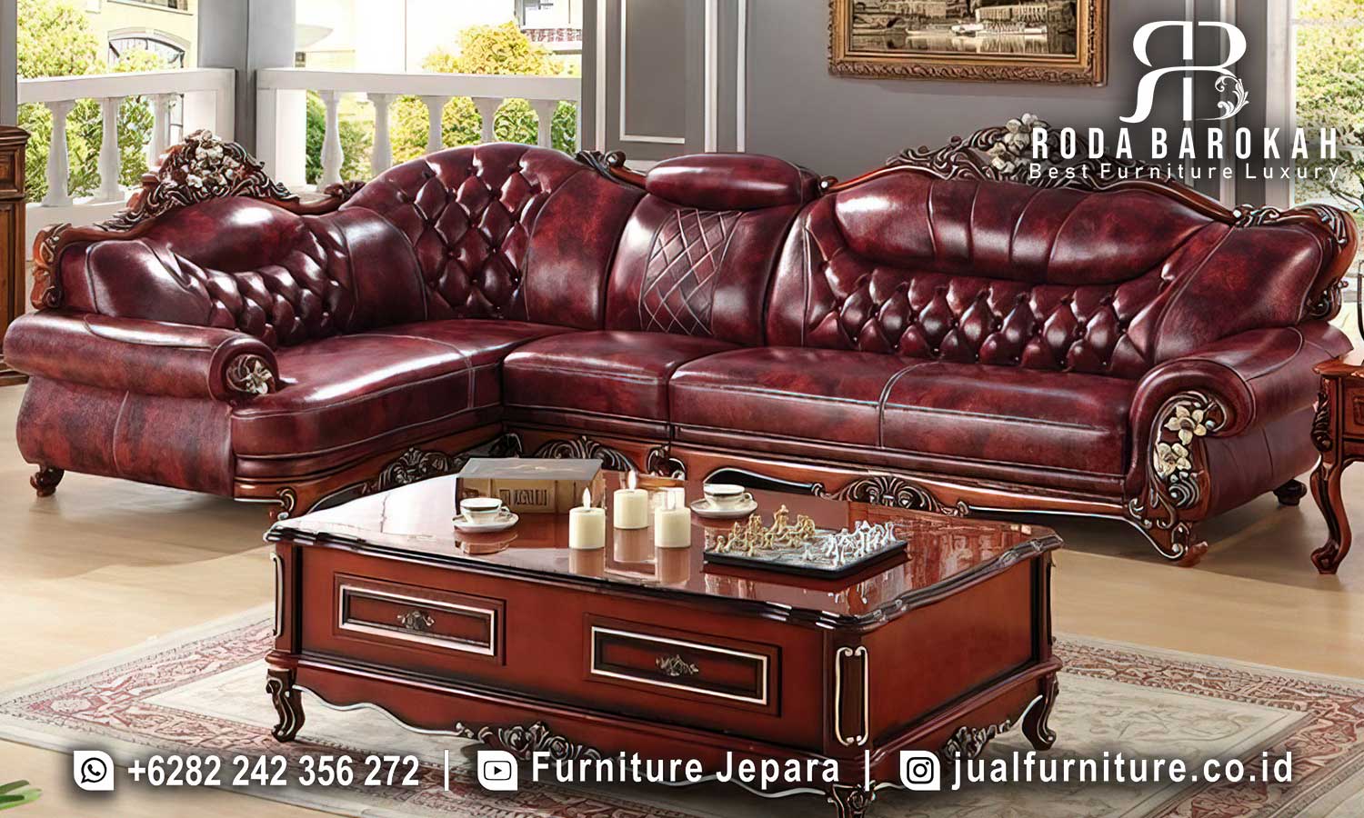 Sofa L Chesterfield Mewah Ruang Tamu Terbaru Kulit Klasik FS1449