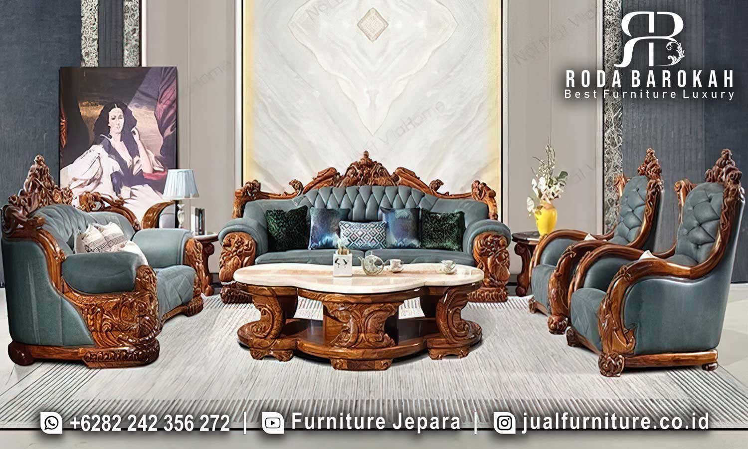 Sofa Tamu Mewah Romawi Ukiran Jati Warna Toska FS1452