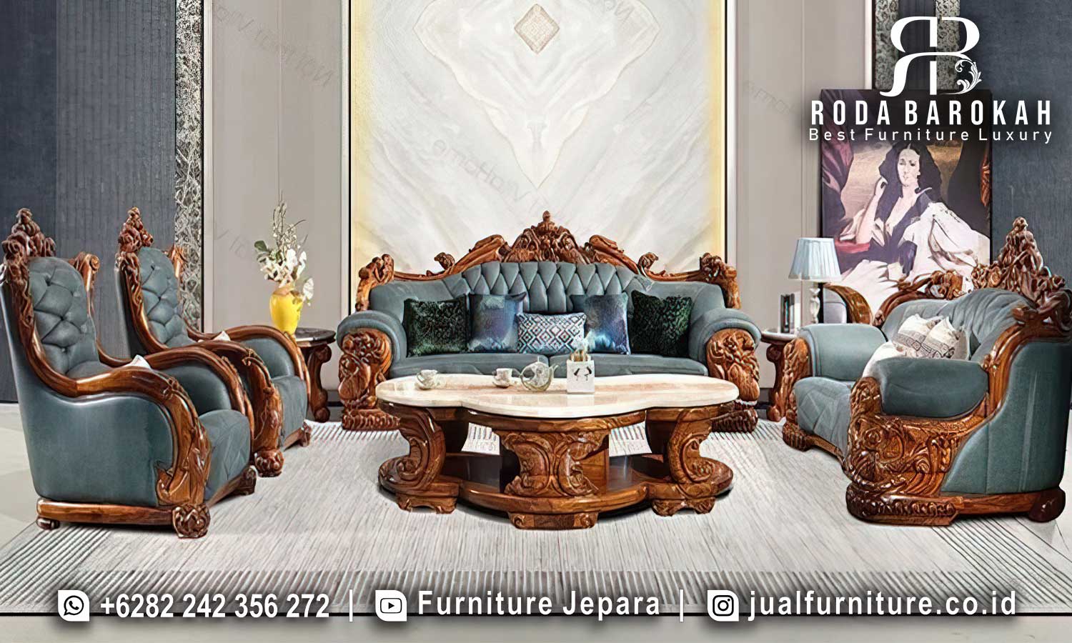Sofa Tamu Mewah Romawi Ukiran Jati Warna Toska FS1452