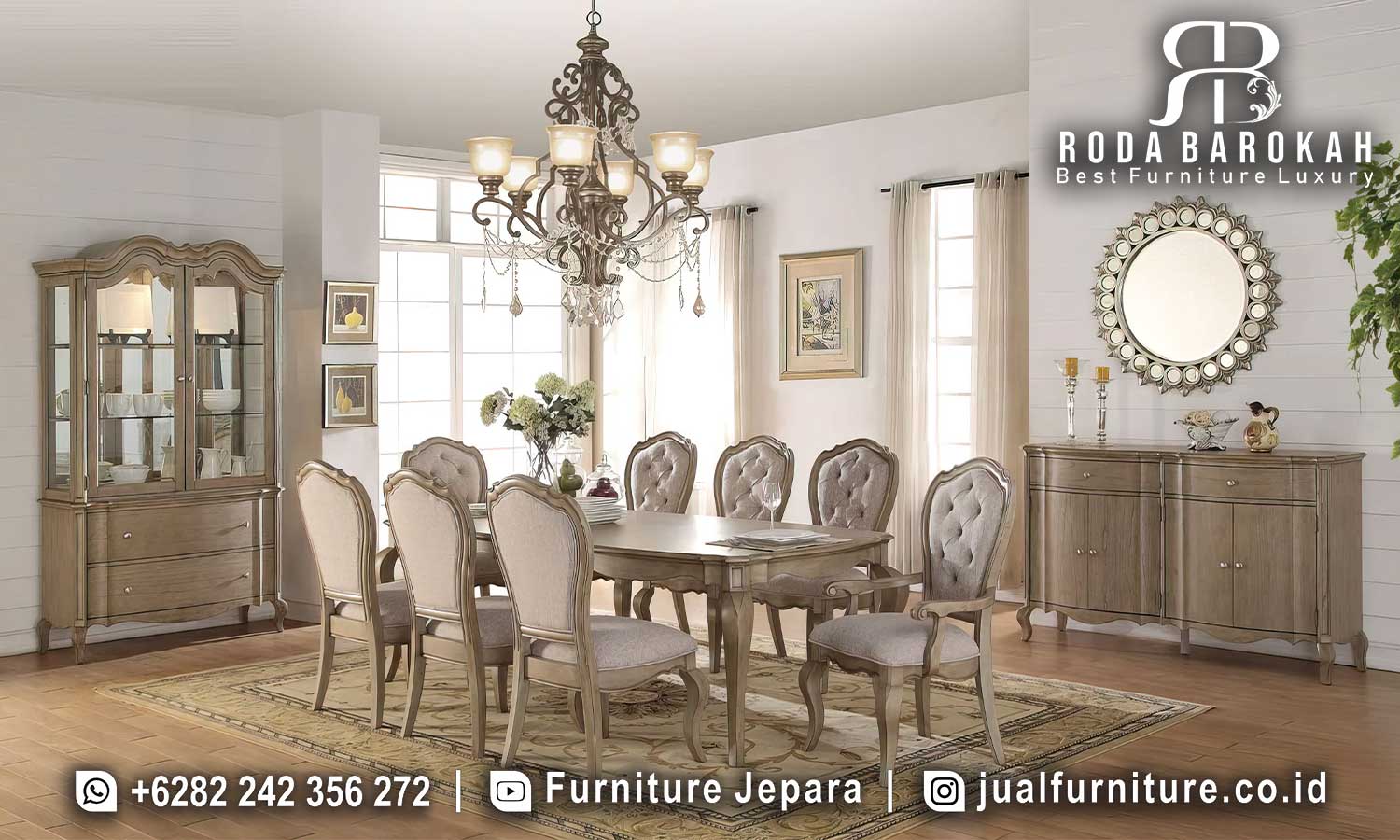 Best Meja Makan Mewah Maestro Tahan Lama FS1385 terbuat dari kayu jati berfinishing doff, elegan, dan mudah dibersihkan, ideal untuk keluarga modern.
