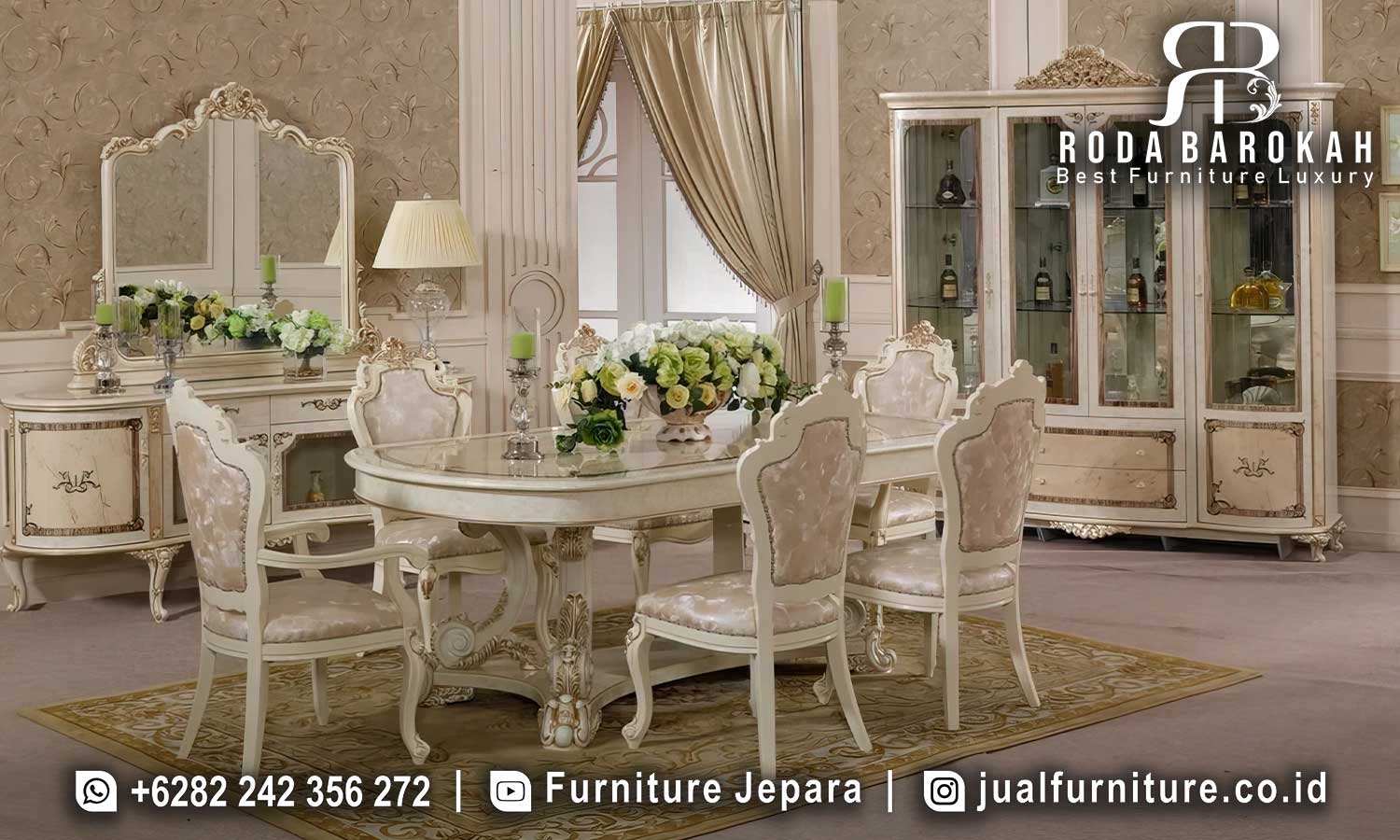 Desain Makan Ukir Jepara Mewah Palazzo Awet Digunakan FS1340 hadir dengan meja bundar kaca dan 6 kursi kayu jati bermotif elegan untuk nuansa makan mewah.