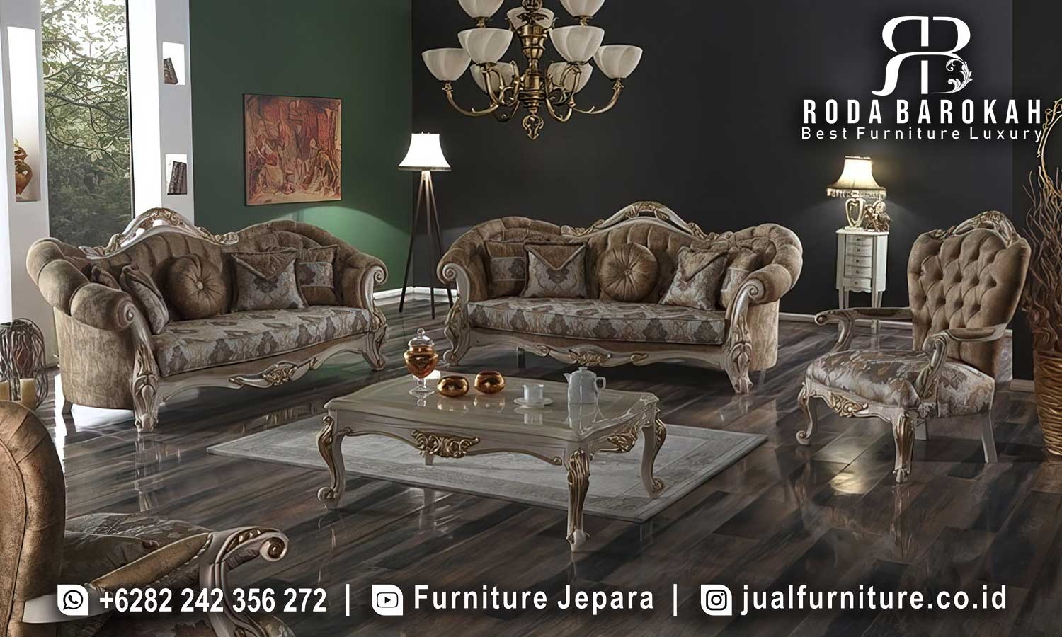 Desain Sofa Tamu Mewah Prestige Tahan Lama FS1293 dengan kayu jati dan busa tebal menciptakan nuansa elegan, sempurna untuk ruang tamu klasik modern Anda.