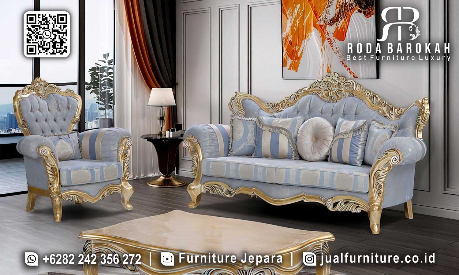 Desain Turki Sofa Tamu Mewah Magnifico Nyaman Digunakan FS1318, terbuat dari kayu jati dengan finishing emas dan busa tebal, sempurna untuk ruang tamu elegan Anda.