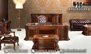 Furniture Office Meja Kantor Monaco Klasik Antik FS1415, terbuat dari kayu jati dengan ukiran elegan, sempurna untuk ruang kerja eksekutif yang mewah.