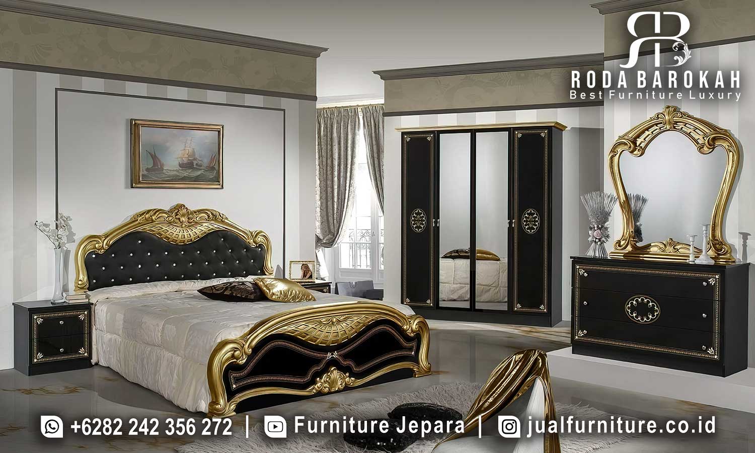 Furniture Tempat Tidur Murah Vicenza Anti Rayap FS1288 hadir dengan rangka kayu jati finishing lac dan kain bludru elegan, sempurna untuk nuansa klasik modern Anda.