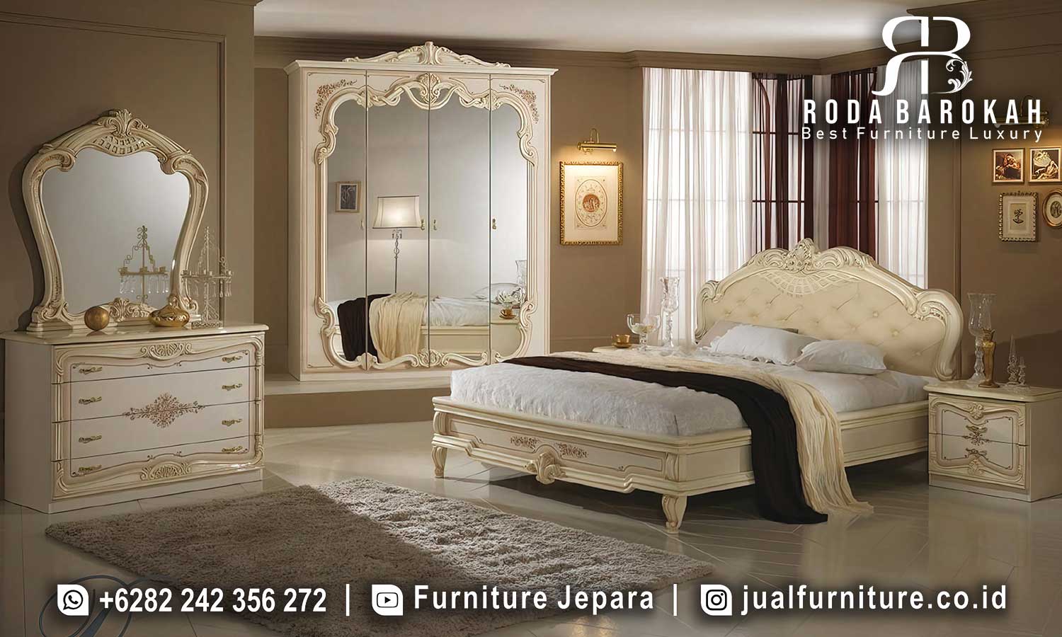 Jual Kamar Tidur Mewah Capri Tampilan Eksklusif FS1411 hadir dengan rangka kayu jati dan jahitan emas, menjadikan kamar Anda elegan dan penuh gaya klasik modern.