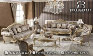 Jual Kursi Sofa Tamu Mewah Noblesse Ukiran Tangan FS1306 dengan rangka kayu jati dan finishing gold gilded, sempurna untuk keanggunan ruang tamu Anda.