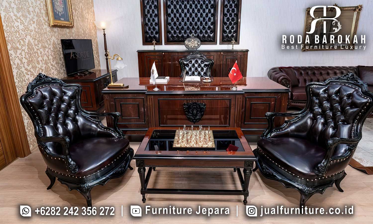 Jual Meja Kantor Mewah dengan kaki kayu ukiran dan busa tebal, menjadikan ruang kerja Anda elegan dan nyaman, buatan Jepara yang berkualitas.