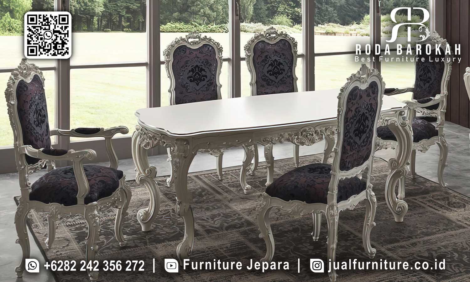 Jual Meja Makan Jepara Nobile Desain Eksklusif FS1314 dengan kayu jati dan finishing dupe lacquer, menawarkan keanggunan klasik Eropa untuk ruang makan Anda.