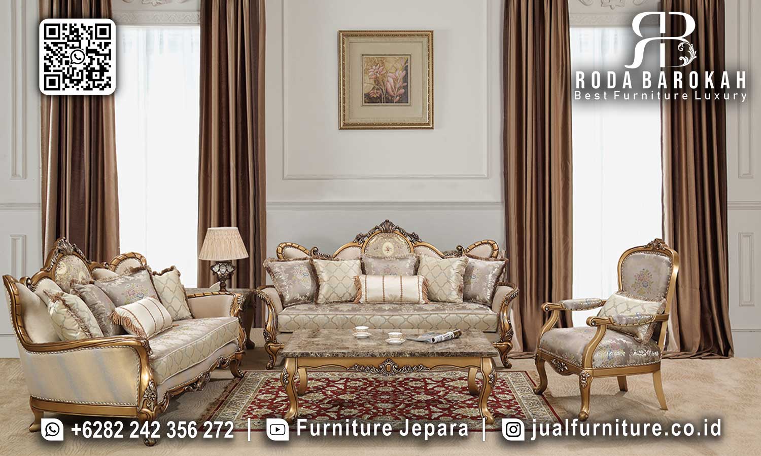 Jual Sofa Jepara Mewah Santorini Desain Berkelas STM-1031, hadir dengan kayu jati dan kain fabric berkualitas, menjadikan ruang tamu Anda lebih elegan dan nyaman.