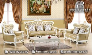 Jual Sofa Tamu Kursi Mewah Palermo Desain Timeless FS1332 dengan rangka kayu jati dan finishing cat putih glossy, sempurna untuk ruang tamu klasik dan elegan.