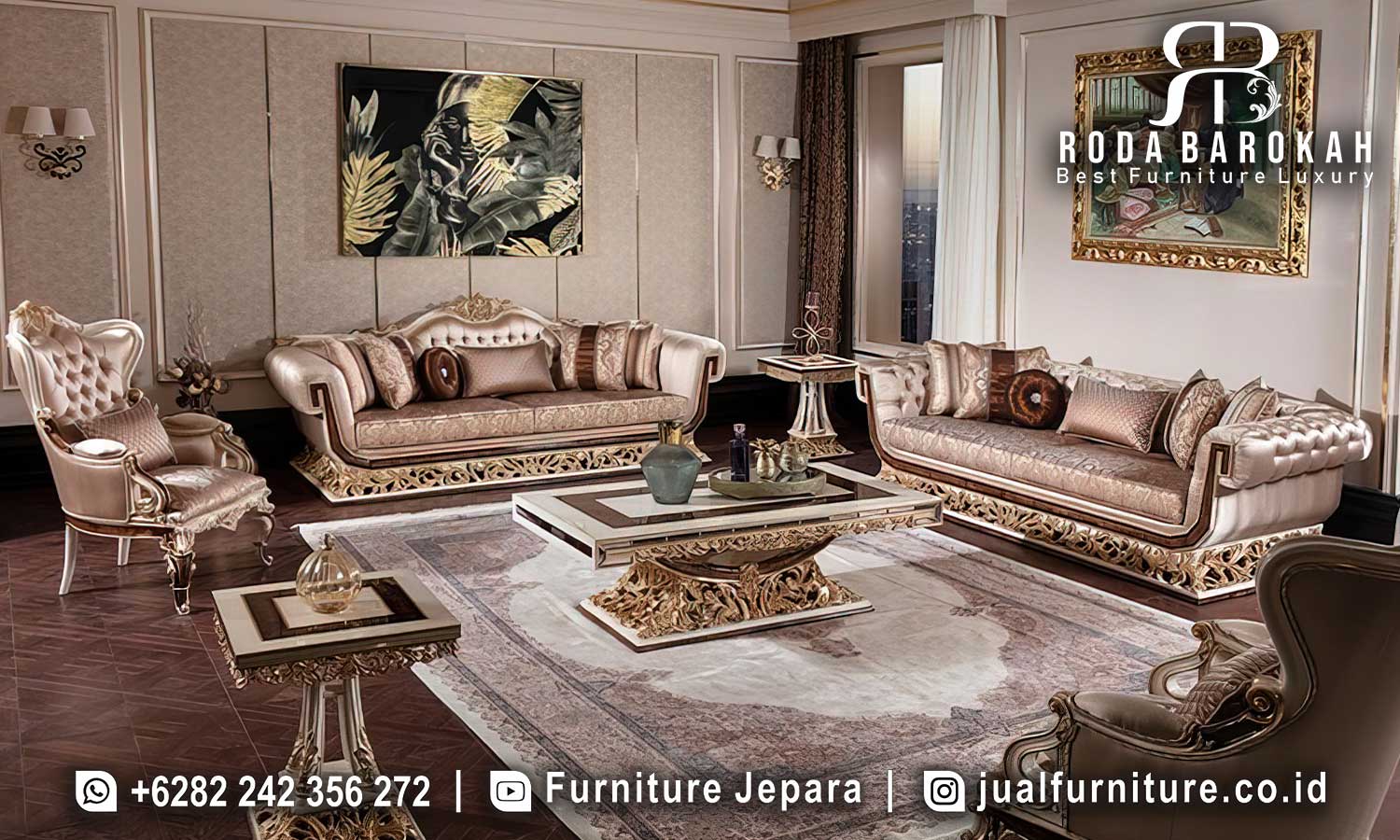 Jual Sofa Tamu Mewah Grandeur Sentuhan Elegan FS1282 dengan rangka kayu jati, busa tebal, dan finishing gold metalik, sempurna untuk ruang tamu elegan Anda.