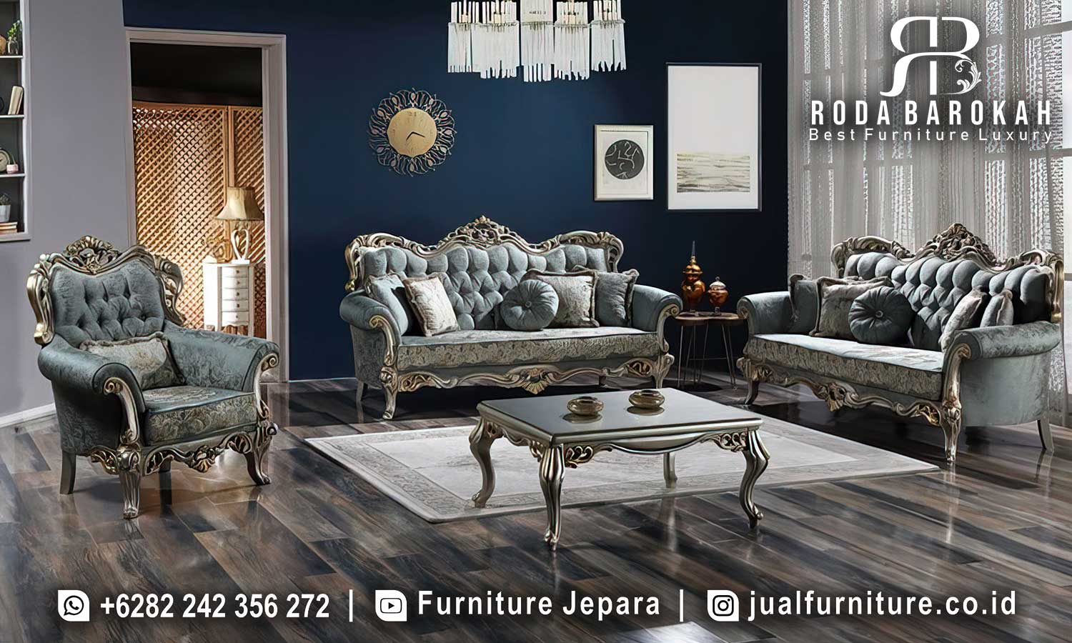 Jual Sofa Tamu Mewah Klasik Florence Anti Rayap FS1284, terbuat dari kayu jati dengan ornamen ukiran elegan dan finishing emas, sempurna untuk ruang tamu.