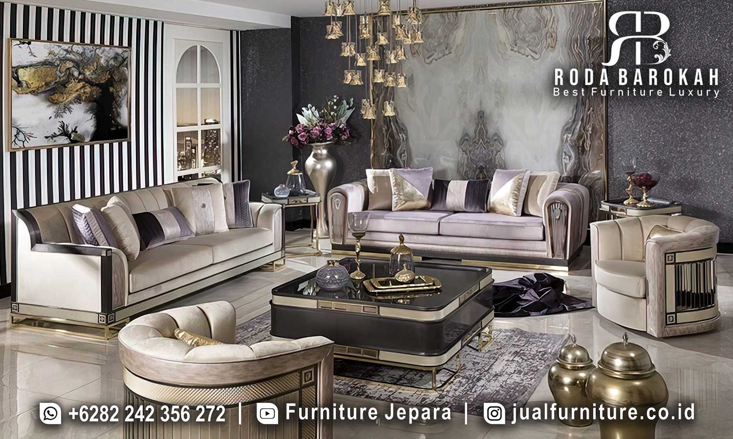 Jual Sofa Tamu Mewah Terbaru dengan rangka Kayu Jati dan kaki emas, hadir dalam gaya modern klasik yang elegan dan mewah, sempurna untuk rumah Anda.