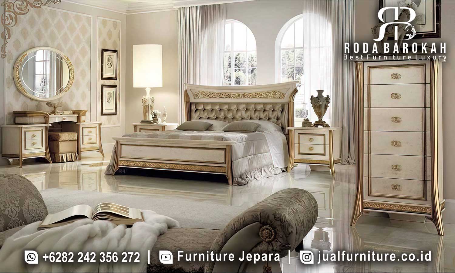 Model Lemari Hias Kaca Noblesse Stabil Kokoh BT-055 4 Jual Tempat Tidur Mewah Imperiale Ornamen Klasik FS1427, terbuat dari kayu jati dengan finishing Holz Gold, menawarkan nuansa elegan dan laci praktis untuk rias.