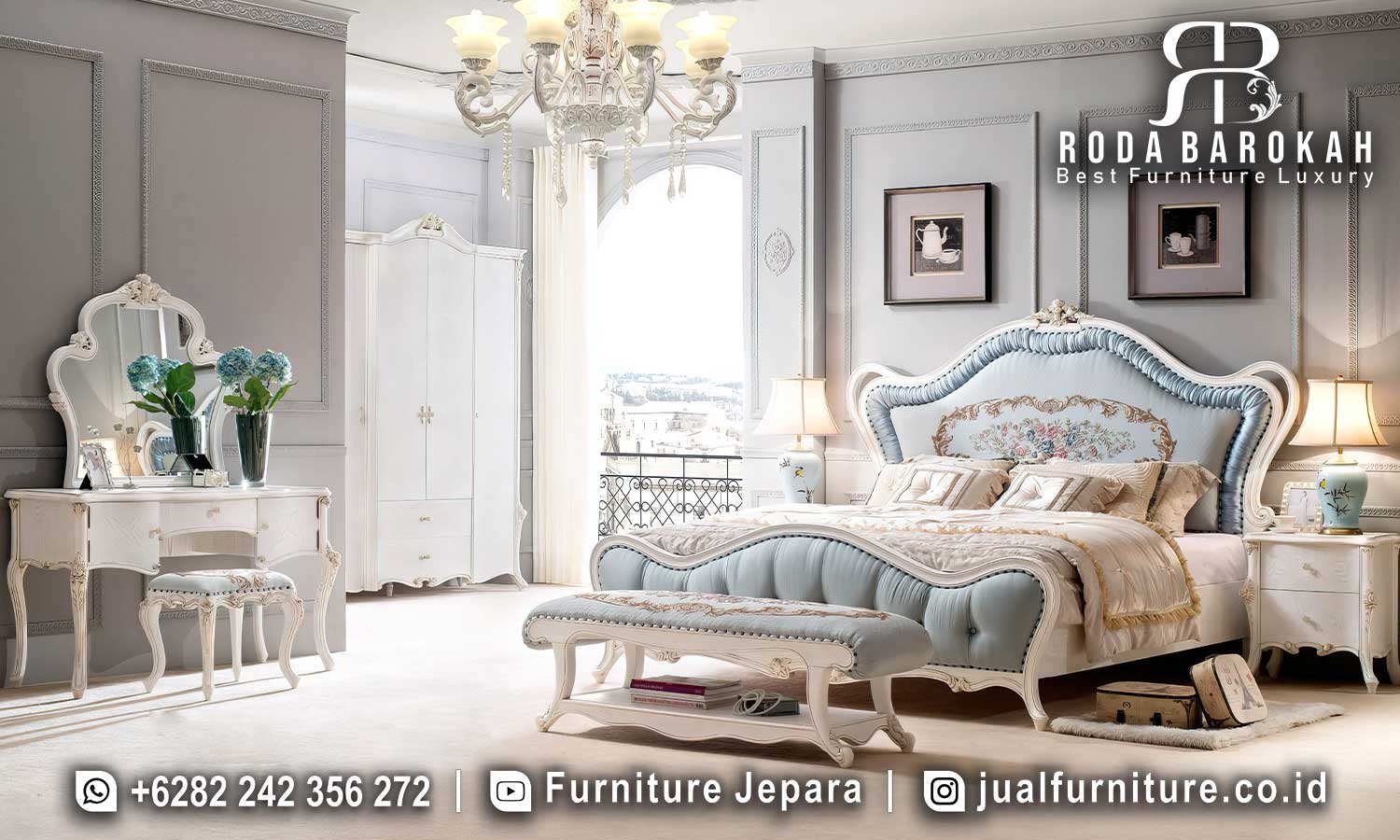 Jual Tempat Tidur Mewah Lusso Standar Ekspor FS1371, terbuat dari kayu jati dengan finishing pewarnaan putih, desain ukiran elegan, dan sandaran tufted yang menawan.