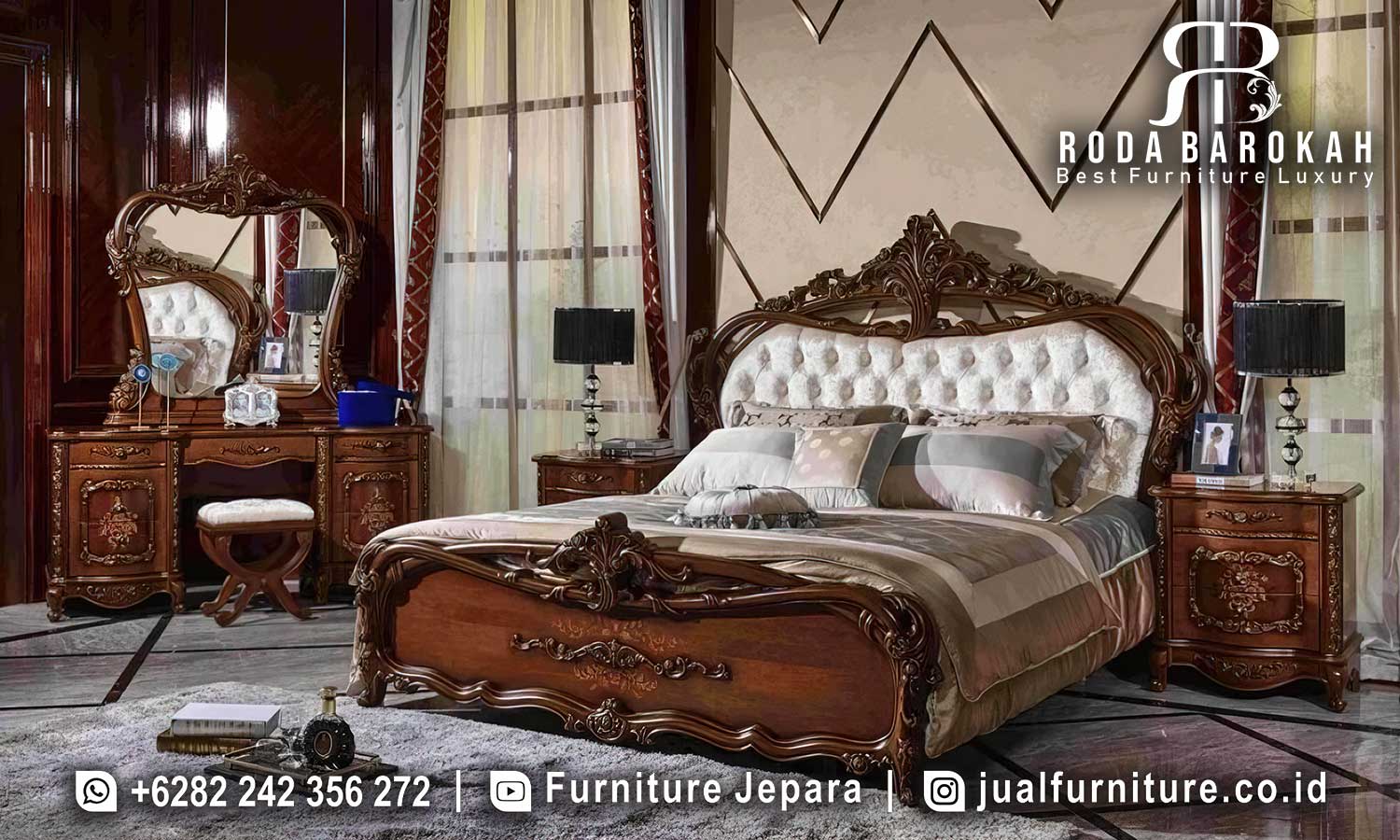 Jual Tempat Tidur Mewah Noblesse Relief Detail FS1345 dengan rangka kayu jati doff, busa tebal, dan ornamen ukiran elegan, sempurna untuk ruang klasik modern Anda.