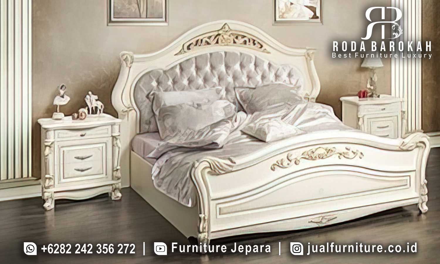 Jual Tempat Tidur Mewah Ukir dengan rangka kayu jati dan finishing duco, menghadirkan nuansa elegan klasik untuk kamar tidur Anda.