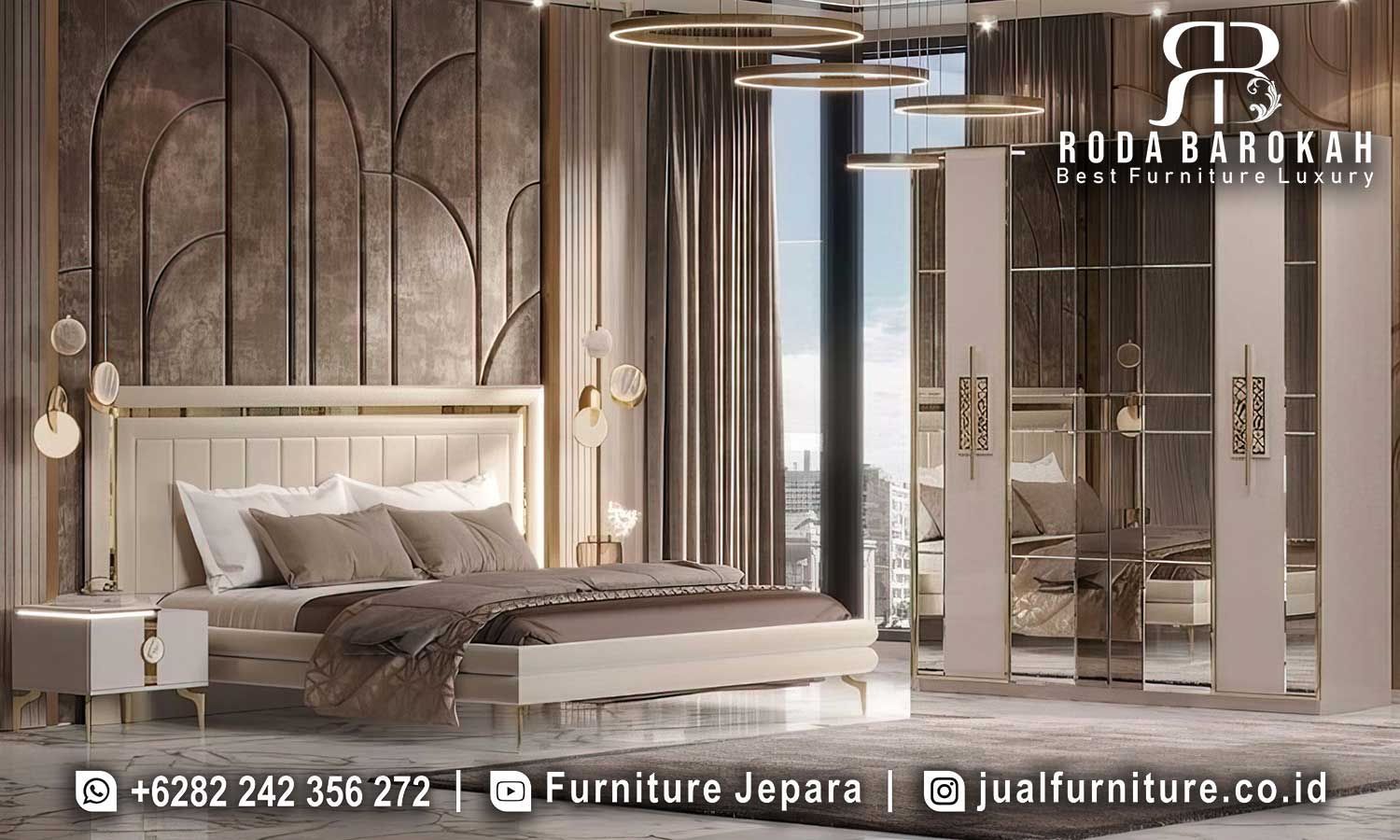 Jual Tempat Tidur Modern Portofino Pahatan Halus FS1444, terbuat dari kayu jati dengan finishing duco dan pencahayaan LED, memberikan nuansa elegan dan mewah di kamar Anda.