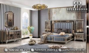 Jual Tempat Tidur Sultan dengan desain modern klasik, kayu jati finishing akrilik, dan pencahayaan LED yang elegan, sempurna untuk dekorasi minimalis Anda.