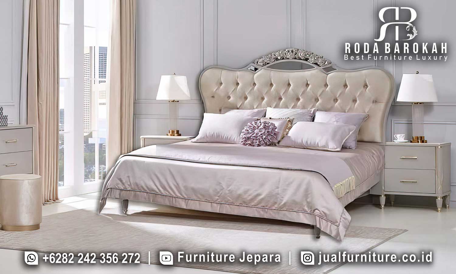 Kamar Tidur Mewah Jepara dengan material kayu jati dan finishing lacquer, hadir dengan desain modern klasik dan kepala berukir untuk nuansa elegan yang tahan lama.