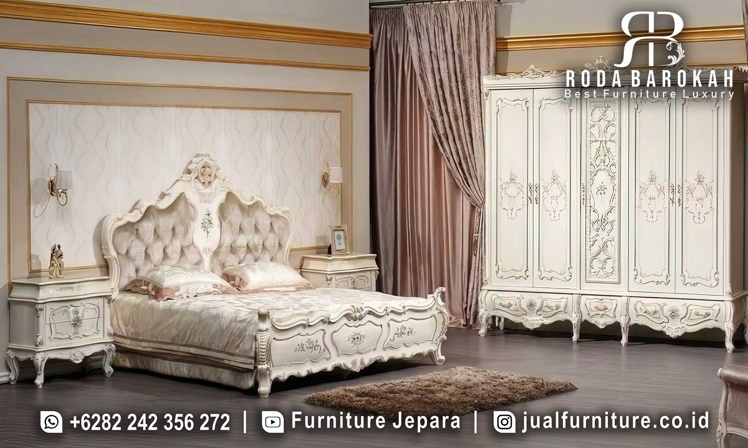 Kamar Tidur Mewah Villa Kualitas Premium FS1442 hadir dengan rangka kayu jati finishing doff dan ukiran elegan untuk nuansa klasik yang memikat.