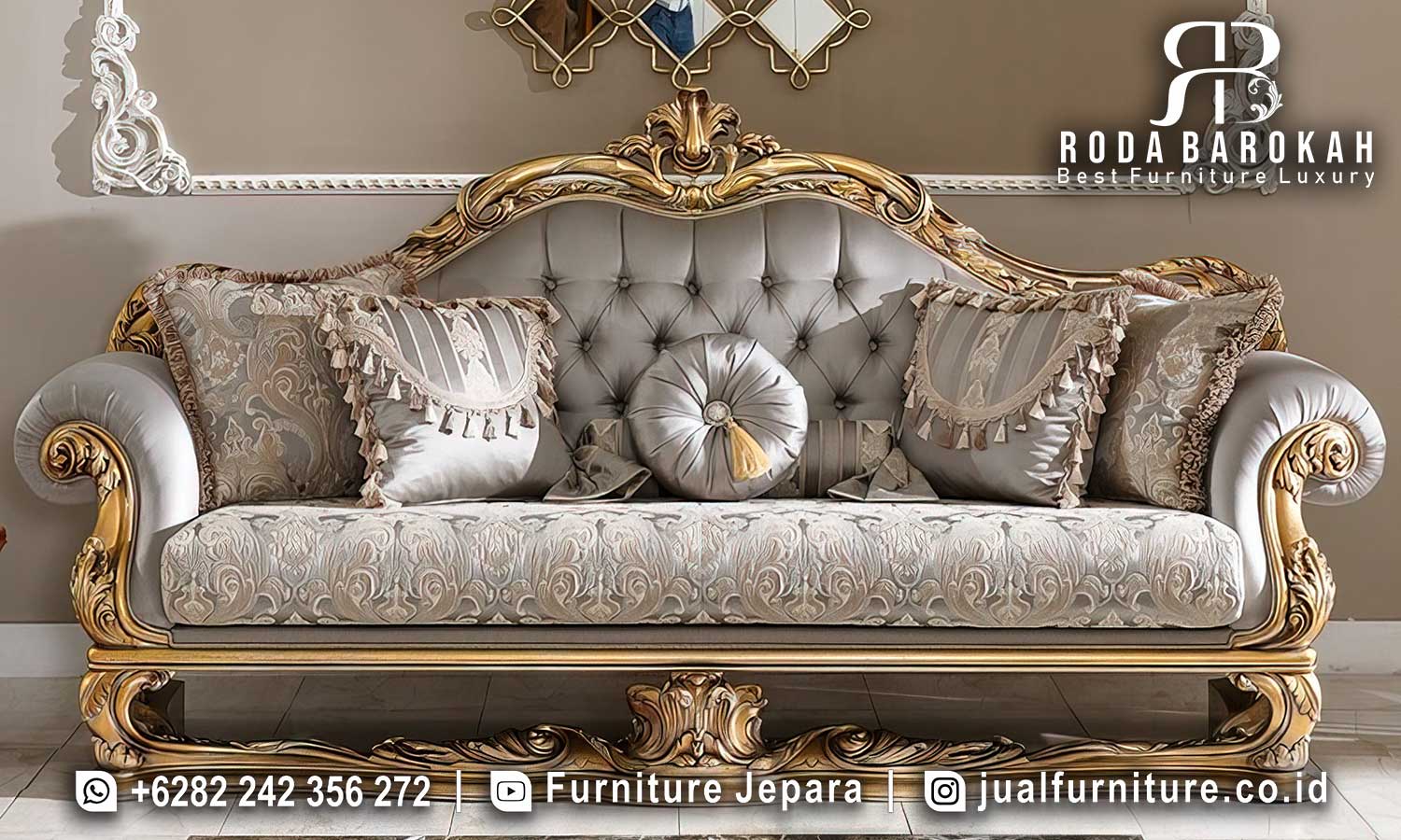 Kursi Sofa Tamu Mewah Palermo Nyaman Digunakan FS1353 terbuat dari kayu jati dengan finishing lacquer emas, menawarkan nuansa elegan dan sandaran tinggi bermotif floral.