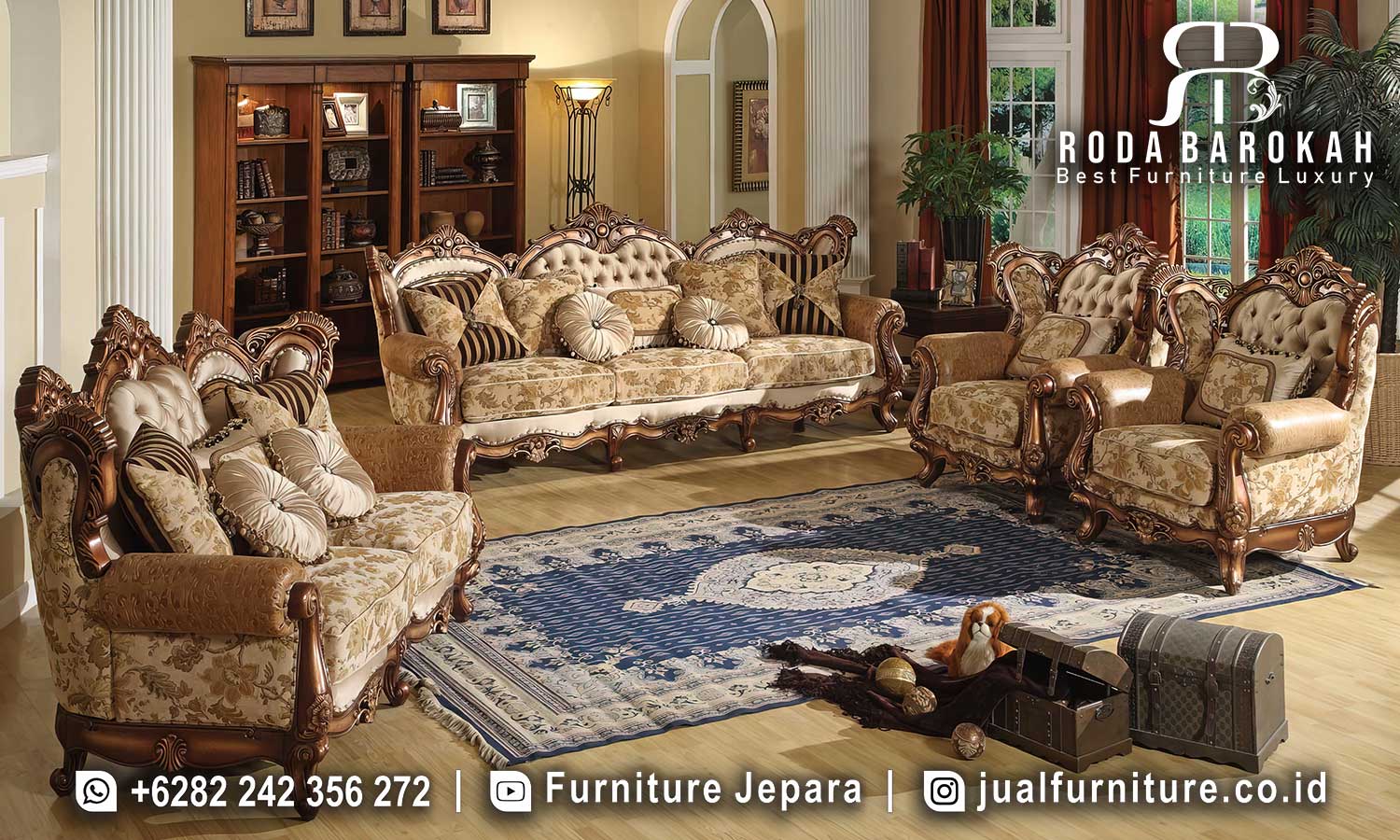 Kursi Sofa Tamu Terbaru Cordoba Sentuhan Antik FS1422 terbuat dari kayu jati dengan finishing doff gold, memberikan sentuhan mewah dan elegan untuk ruang tamu Anda.