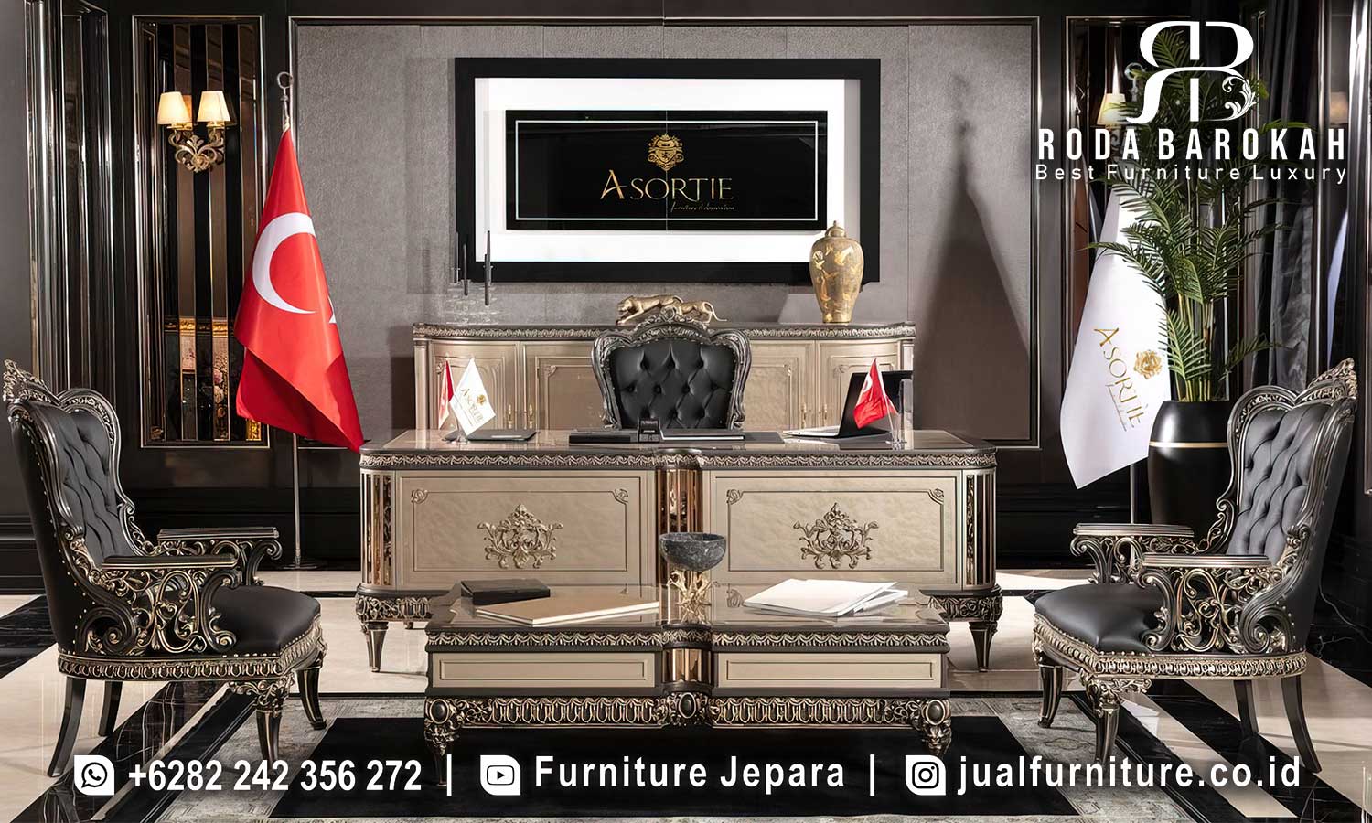 Meja Kantor Jati Jepara Medici Nuansa Prestisius FS1432, dengan kaki besi berbentuk ukiran dan finishing gold plating, menawarkan gaya klasik yang elegan untuk ruang kerja eksekutif Anda.